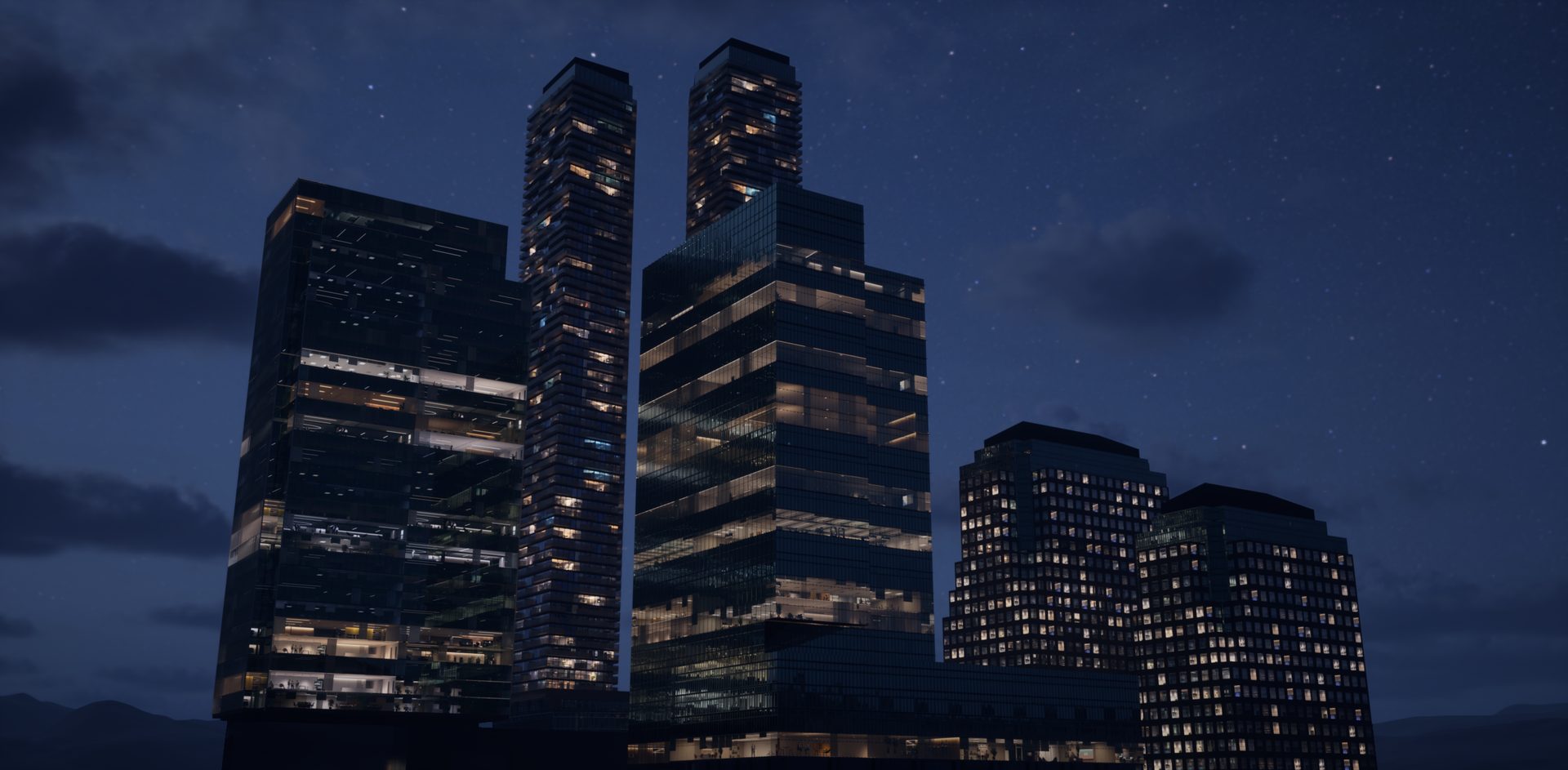 Downtown office towers at night with lit parallax interiors from the Interior Cubemap System