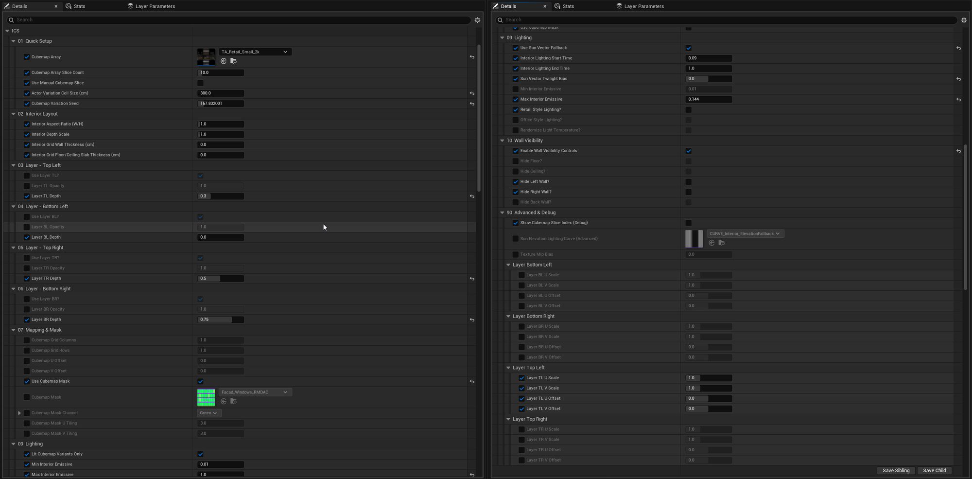 Interior Cubemap System Material Instance parameters in the Unreal Engine editor, organized into numbered groups