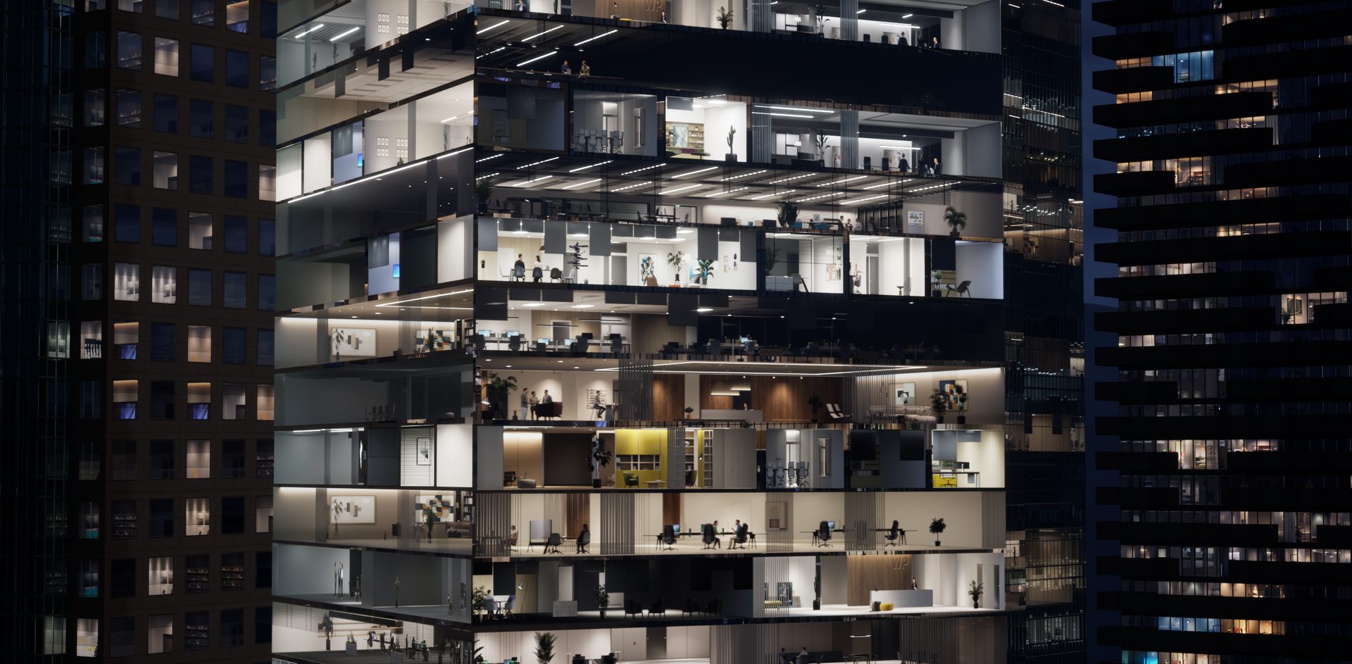 Close view of a building facade with varied office interiors, furniture silhouettes, and different lighting per room, rendered with the Interior Cubemap System