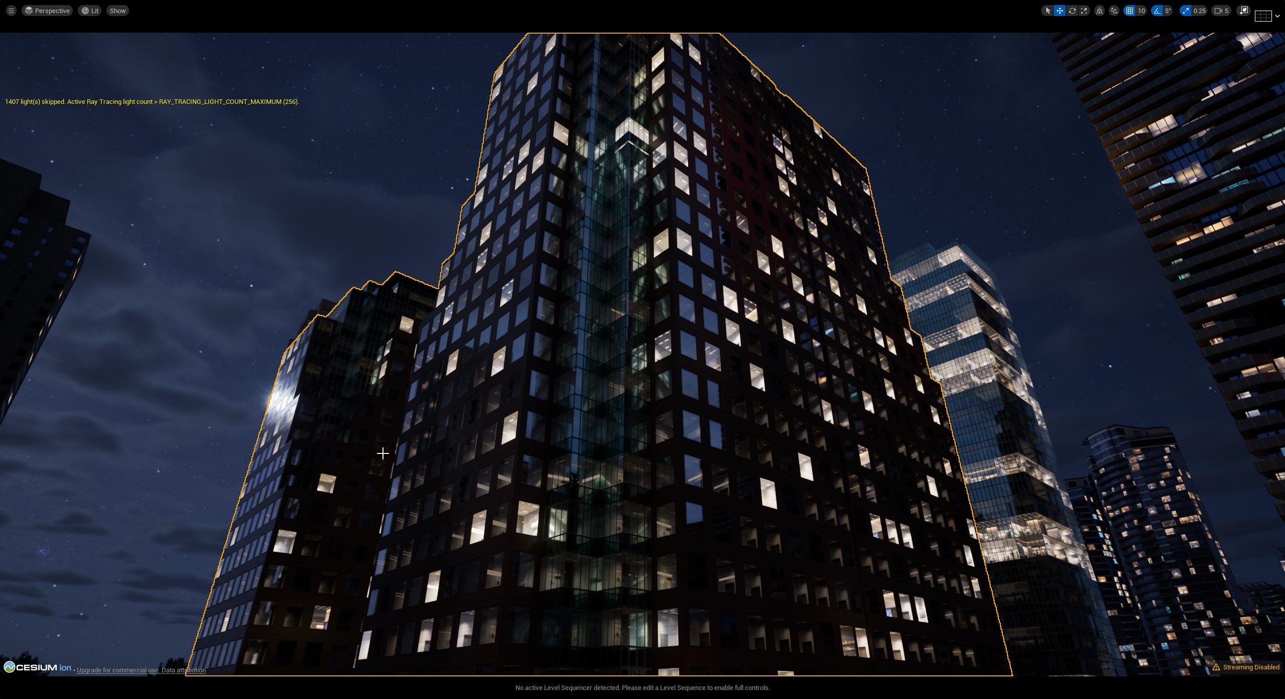 Toronto office building at night with varied illuminated interiors