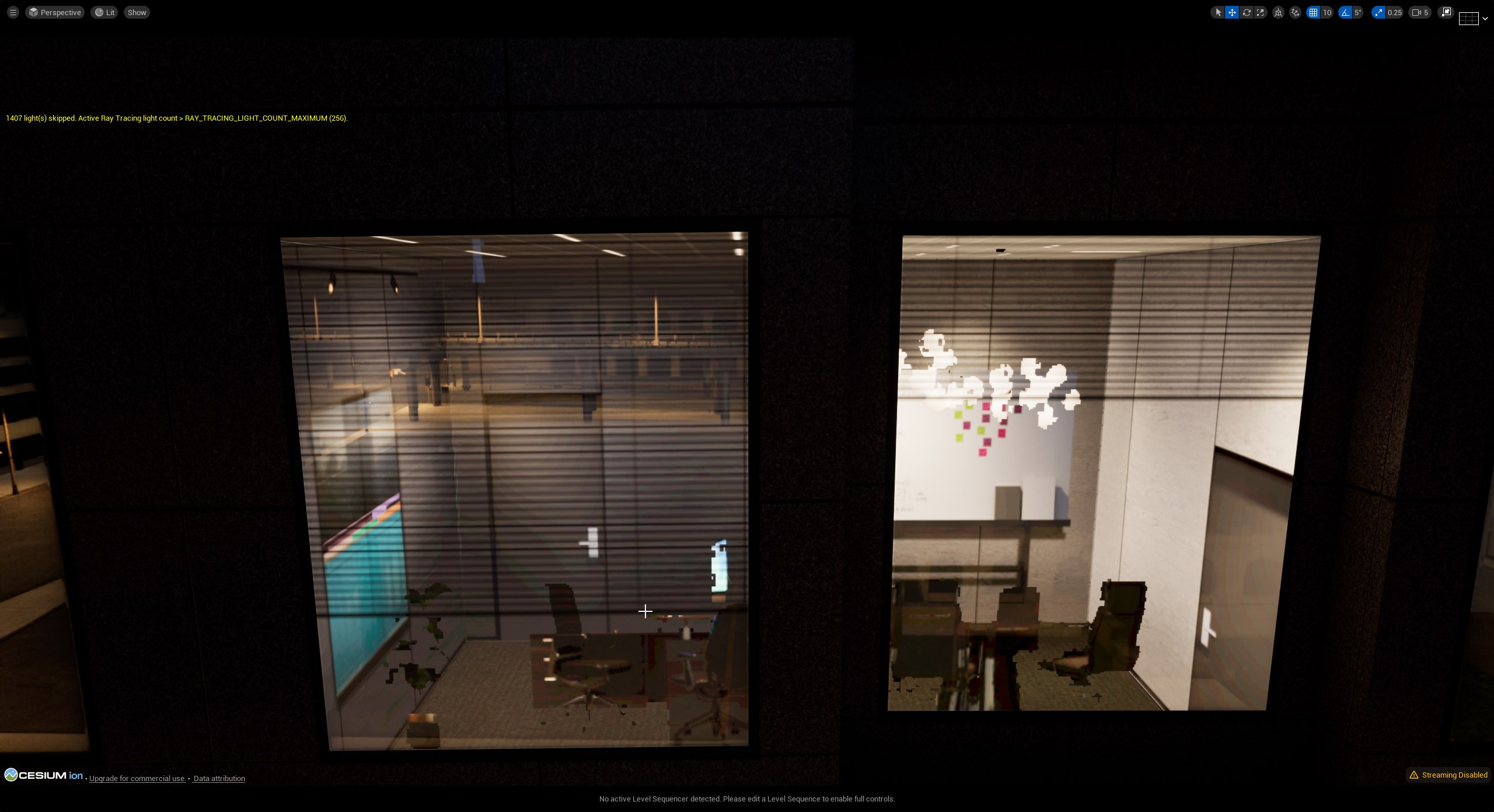 Close view of shader-generated office interiors behind windows