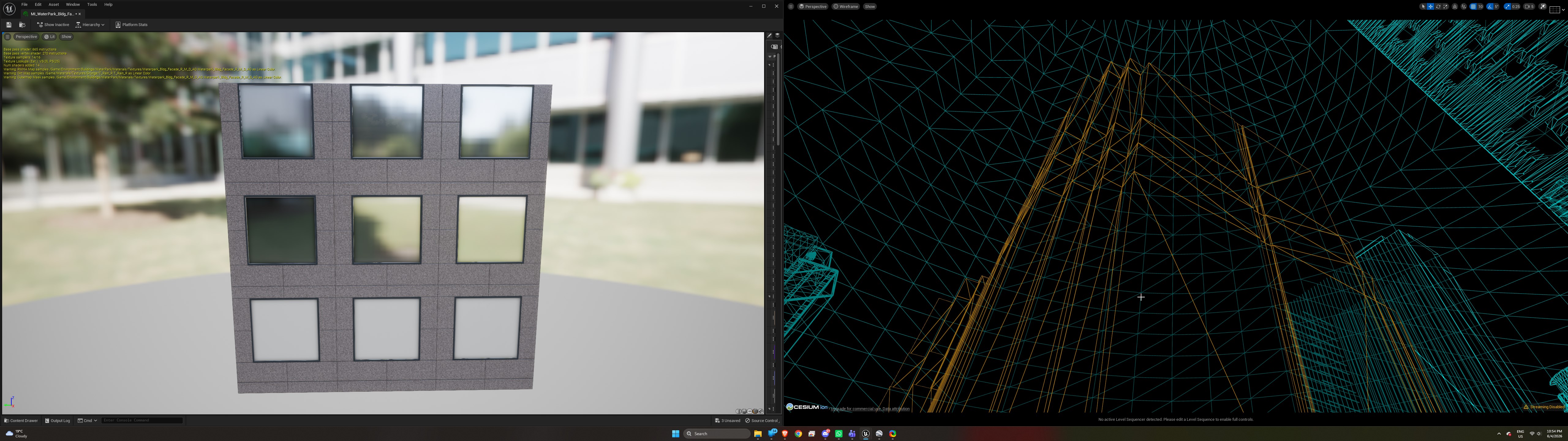 Simple facade mesh and building wireframe demonstrating shader-driven architectural detail
